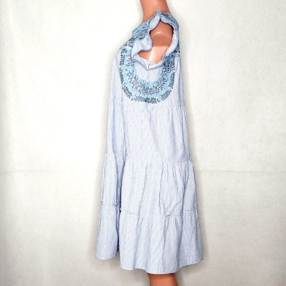 Emilia Collection Isa Dress *S/M Blue Striped Tiered with Blue Gray & Embroidery - Picture 4 of 6